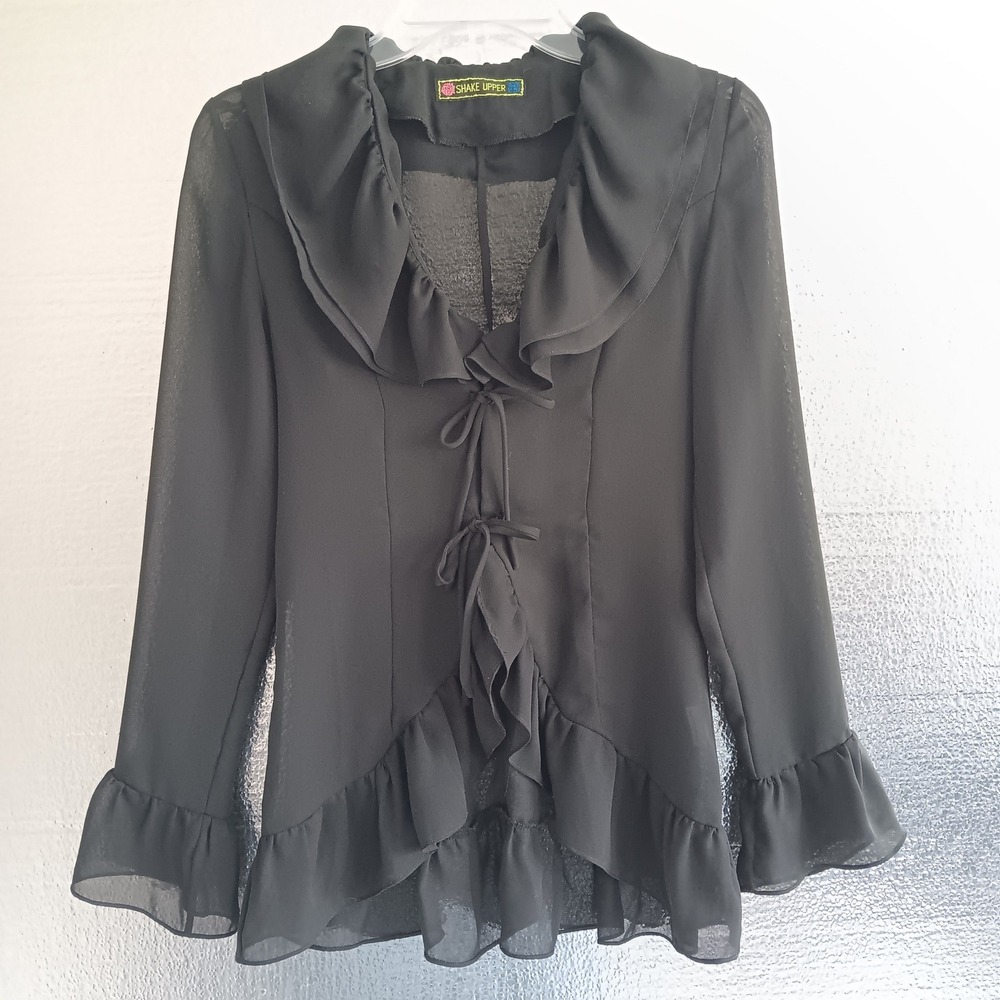 Shake Upper Ruffle Tie Front Blouse Womens M Black Whimsigoth Sheer Chiffon Top